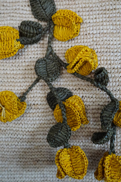 Medium Bougain Raffia Tote Bag with Flowers