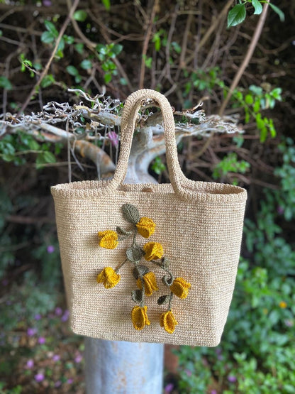 Medium Bougain Raffia Tote Bag with Flowers